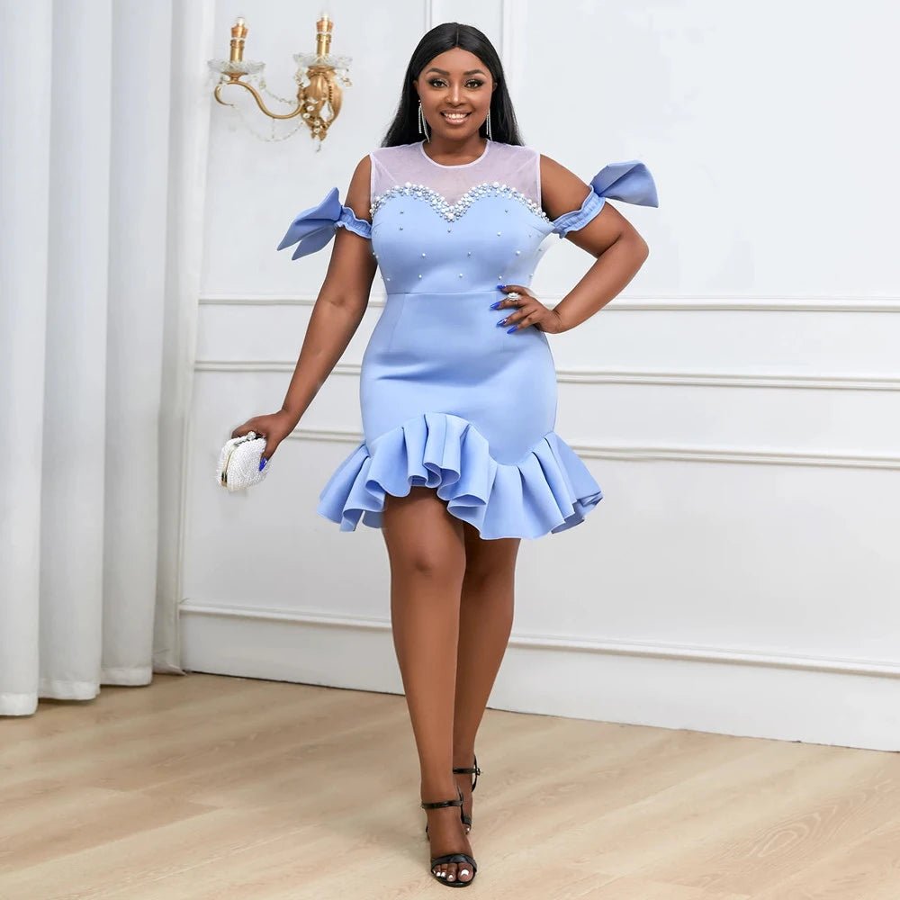 Light Blue Ruffled Sleeves Sheath Knee Length Dress