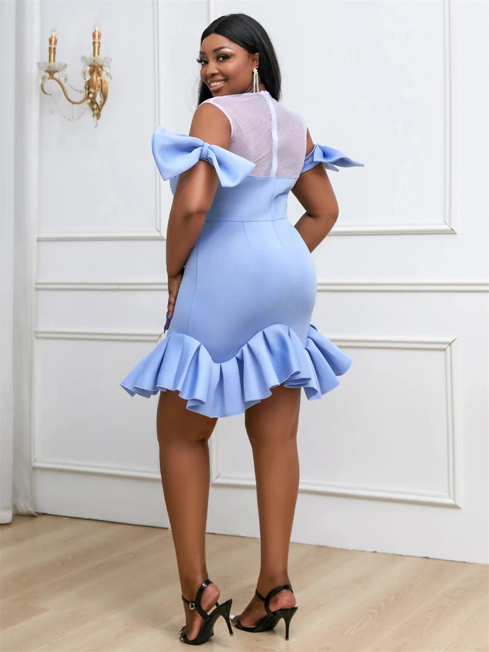 Light Blue Ruffled Sleeves Sheath Knee Length Dress Kenvesta