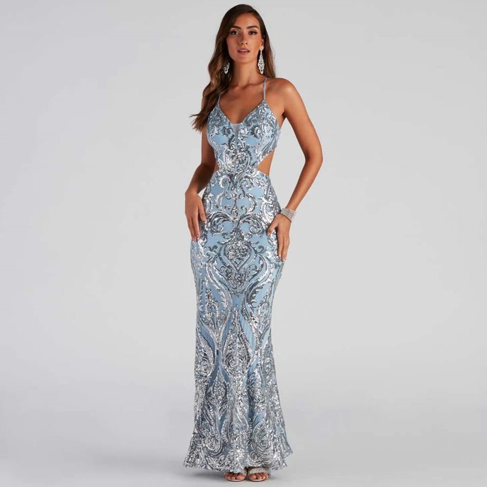 Light Blue Sequin Mermaid Dress with Spaghetti Straps