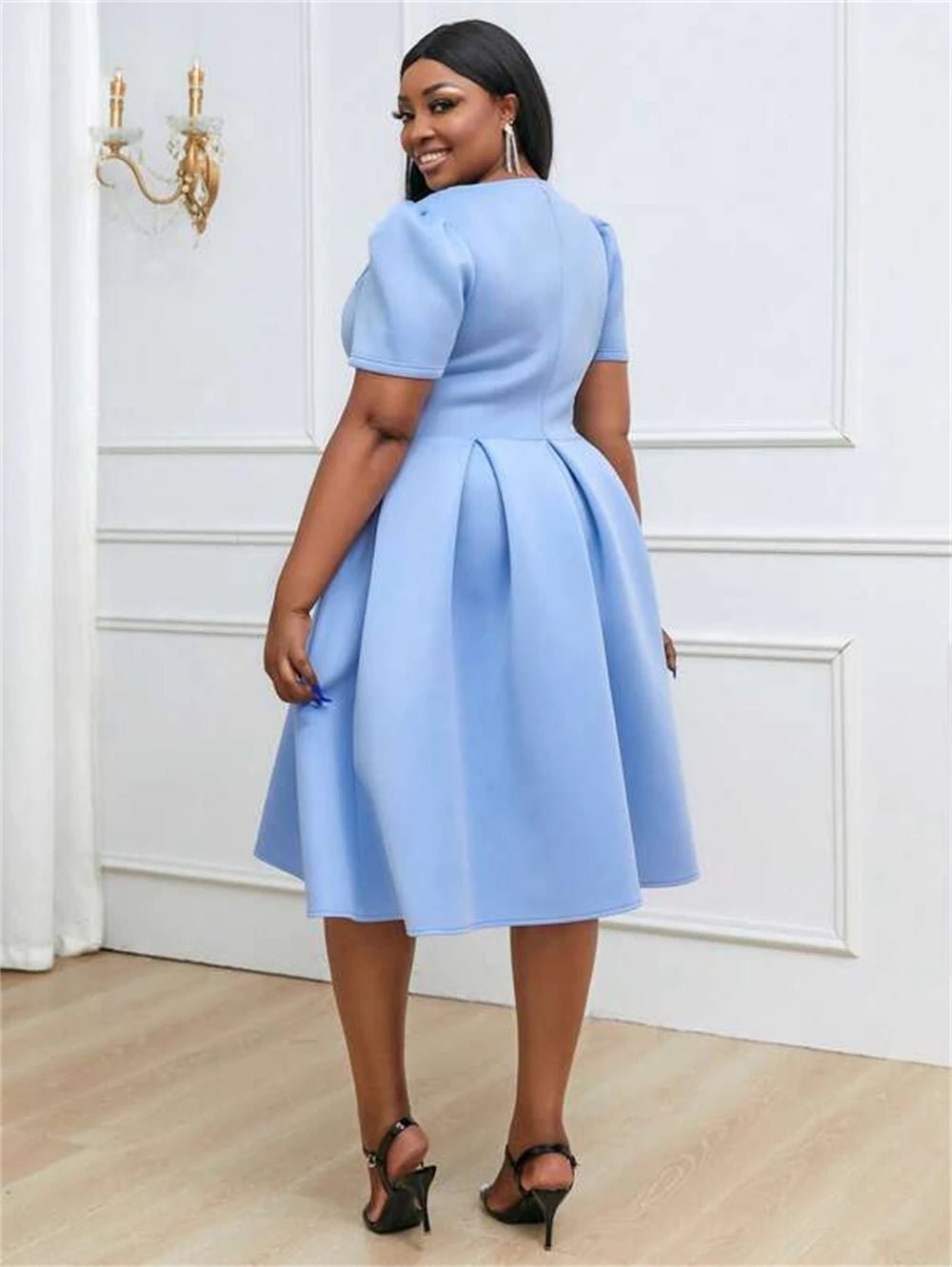 Light Blue Short Sleeves A Line Knee Length Party Dress Kenvesta