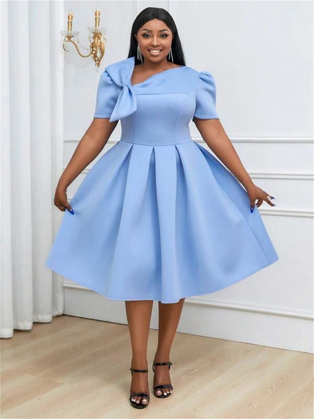 Light Blue Short Sleeves A Line Knee Length Party Dress Kenvesta