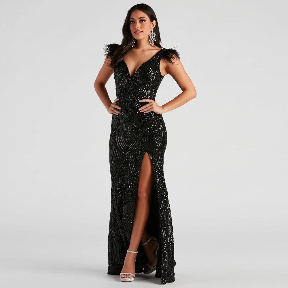 Long Black V-Neck Sequin Mermaid Dress with Side Split