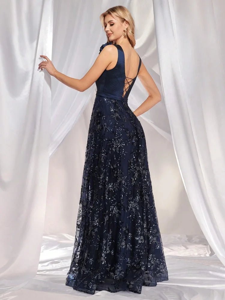 Long Chiffon Navy Floral Gown Evening Dress