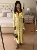 Yellow Long Flared Sleeve Single Breasted Midi Knit Dress S