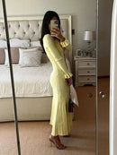 Yellow Long Flared Sleeve Single Breasted Midi Knit Dress S