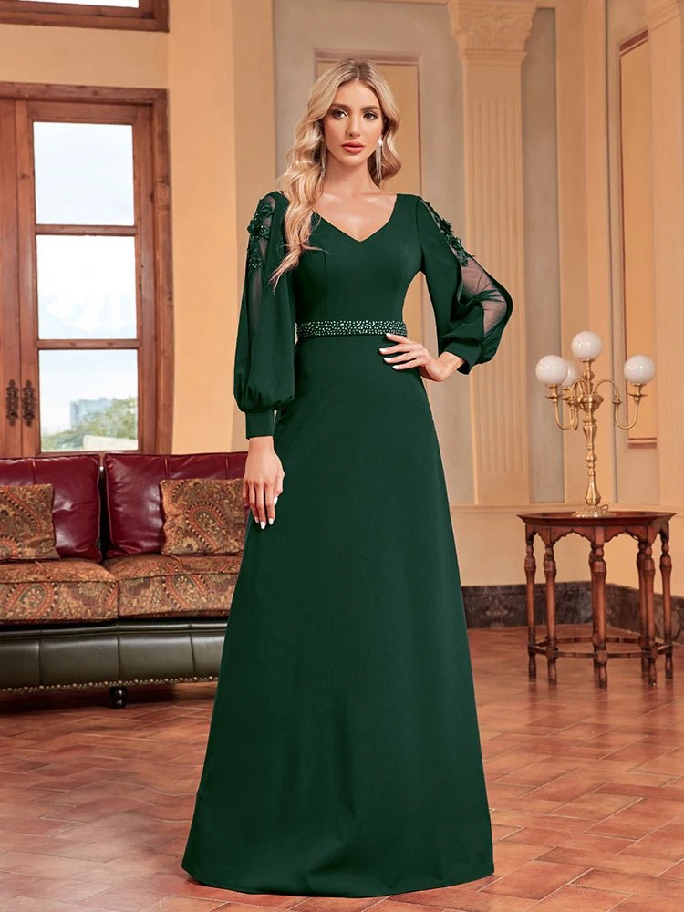 Long Flared Sleeves Applique A-Line Formal Gown