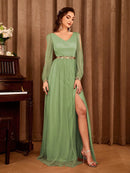 Dusty Green Long Sleeve Chiffon Evening Long Gown Dresses XL