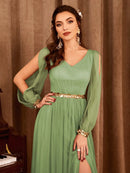 Dusty Green Long Sleeve Chiffon Evening Long Gown Dresses XL