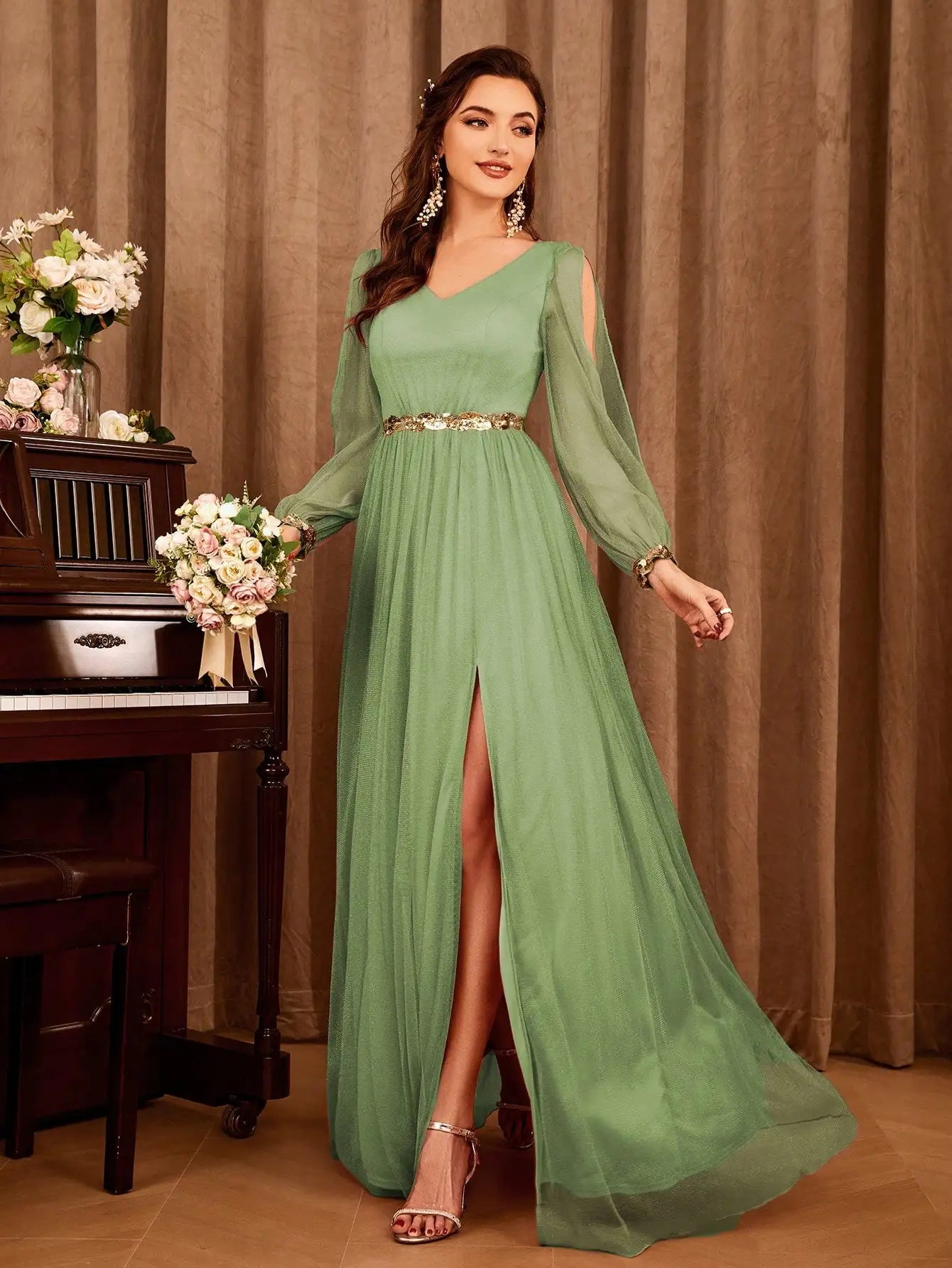 Long Sleeve Chiffon Evening Long Gown Dresses