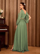 Dusty Green Long Sleeve Chiffon Evening Long Gown Dresses XL