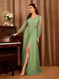 Dusty Green Long Sleeve Chiffon Evening Long Gown Dresses XL