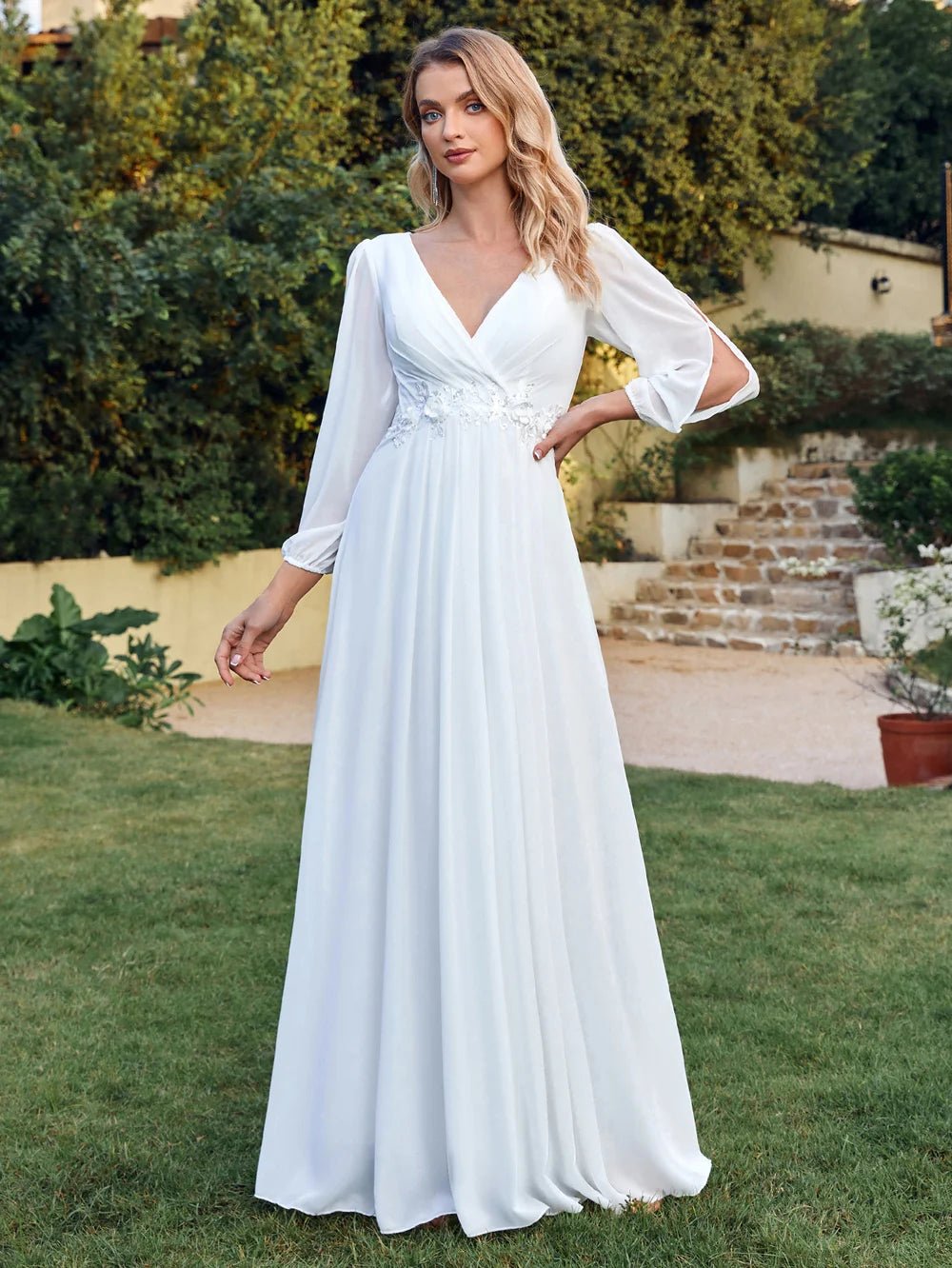 Long Sleeve Elegant White Chiffon A-Line Evening Dress