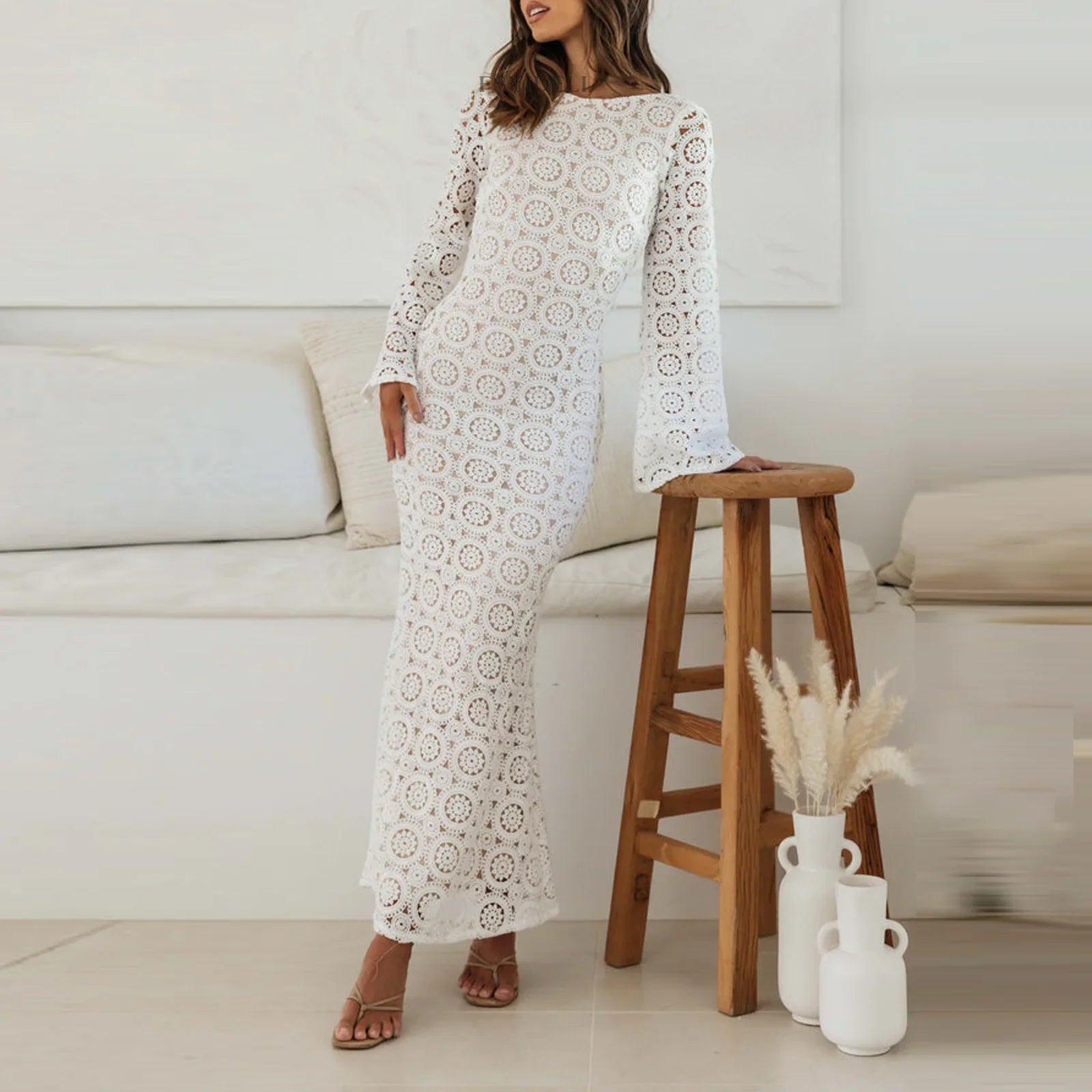 S Long Sleeve Hollow Out Floral Knit Maxi Dress White