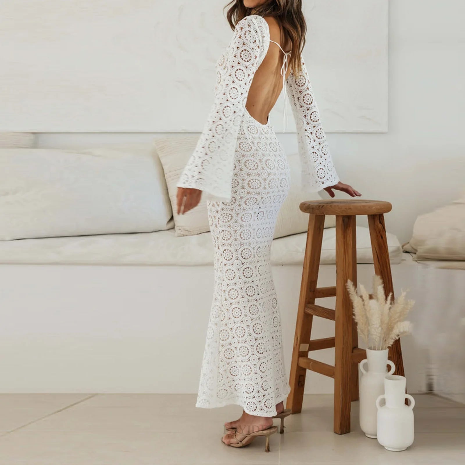 S Long Sleeve Hollow Out Floral Knit Maxi Dress White