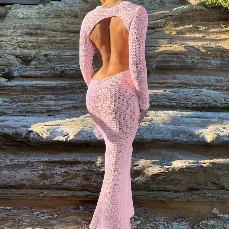 Pink Long Sleeve Knitted Bodycon Maxi Dress L