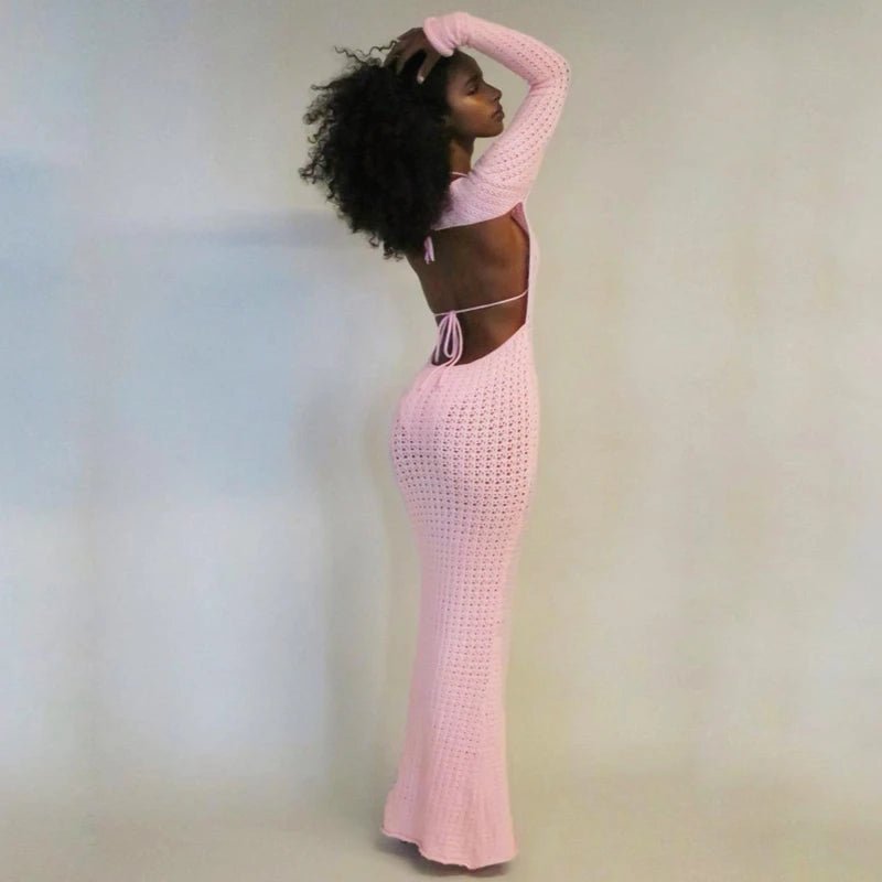 Pink Long Sleeve Knitted Bodycon Maxi Dress S