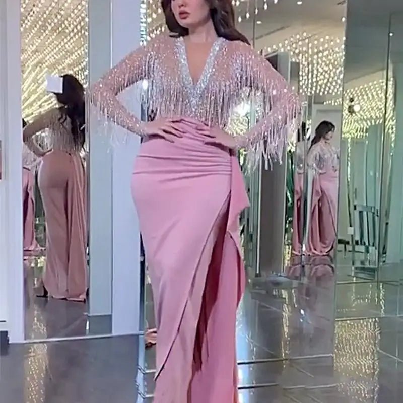 Long Sleeve Pink Sequin Pleated Evening Dress