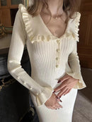 White Long Sleeve Ruffled Slim Knitted Tea Length Dress L