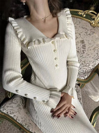 White Long Sleeve Ruffled Slim Knitted Tea Length Dress L