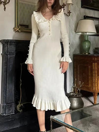 White Long Sleeve Ruffled Slim Knitted Tea Length Dress L