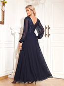 Navy Blue Long Sleeve Sequin Formal Evening Chiffon Maxi Dress S