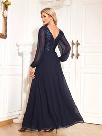 Navy Blue Long Sleeve Sequin Formal Evening Chiffon Maxi Dress S