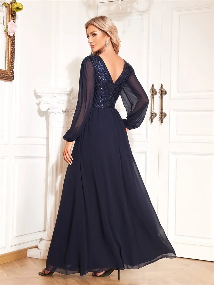 Long Sleeve Sequin Formal Evening Chiffon Maxi Dress