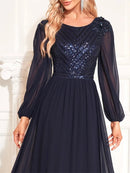 Navy Blue Long Sleeve Sequin Formal Evening Chiffon Maxi Dress S