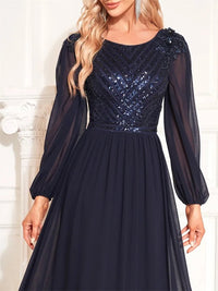 Navy Blue Long Sleeve Sequin Formal Evening Chiffon Maxi Dress S