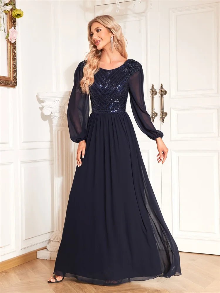 Navy Blue Long Sleeve Sequin Formal Evening Chiffon Maxi Dress S