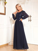 Navy Blue Long Sleeve Sequin Formal Evening Chiffon Maxi Dress S