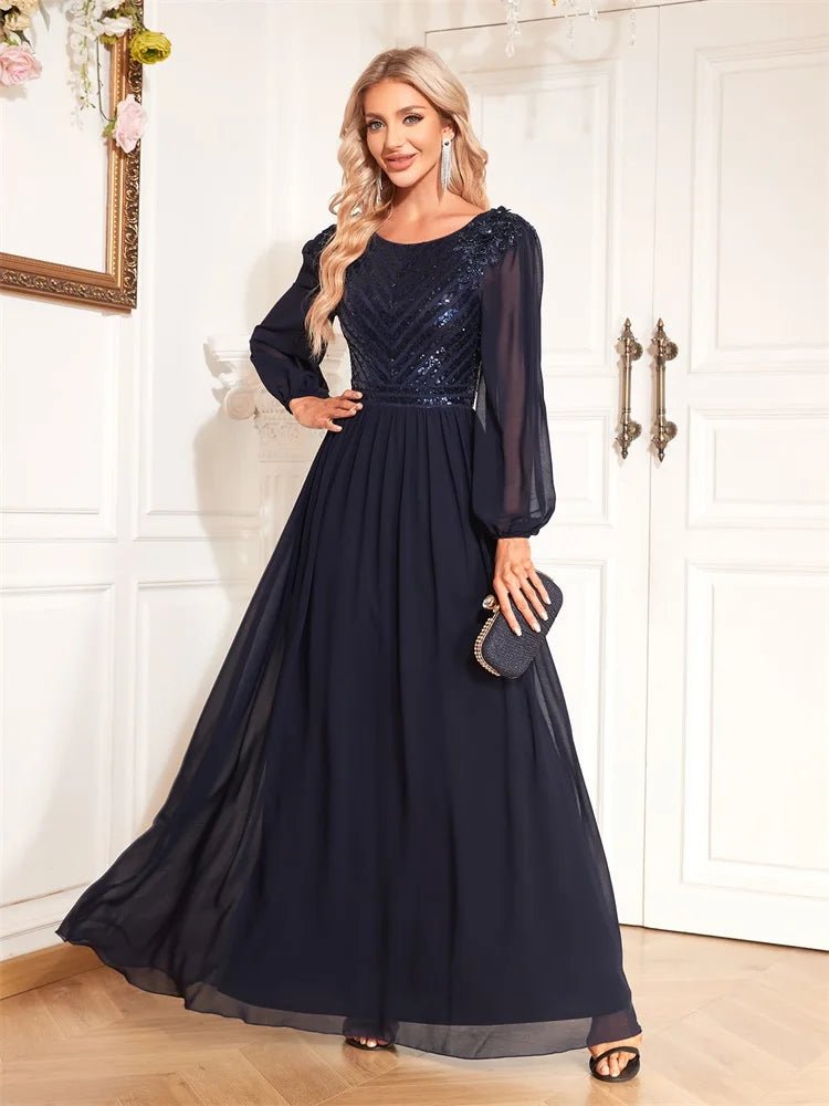 Long Sleeve Sequin Formal Evening Chiffon Maxi Dress