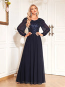 Navy Blue Long Sleeve Sequin Formal Evening Chiffon Maxi Dress XL