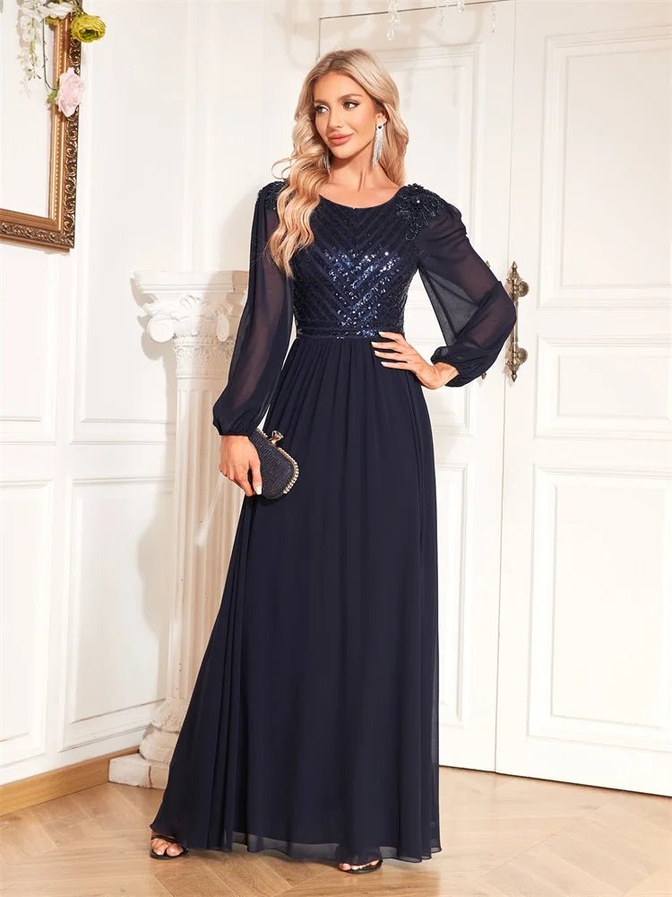 Navy Blue Long Sleeve Sequin Formal Evening Chiffon Maxi Dress S