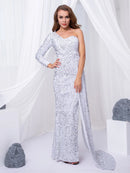 White Long Sleeve Sequin One Shoulder Evening Party Gown XS