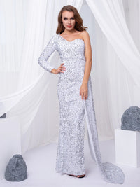 White Long Sleeve Sequin One Shoulder Evening Party Gown XS