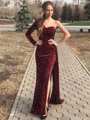 Burgundy Long Sleeve Sequin One Shoulder Evening Party Gown M