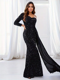 Black Long Sleeve Sequin One Shoulder Evening Party Gown XS