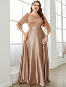 Champagne Long Sleeve Sequin Satin Ball Gown Bridesmaid Dress 2XL