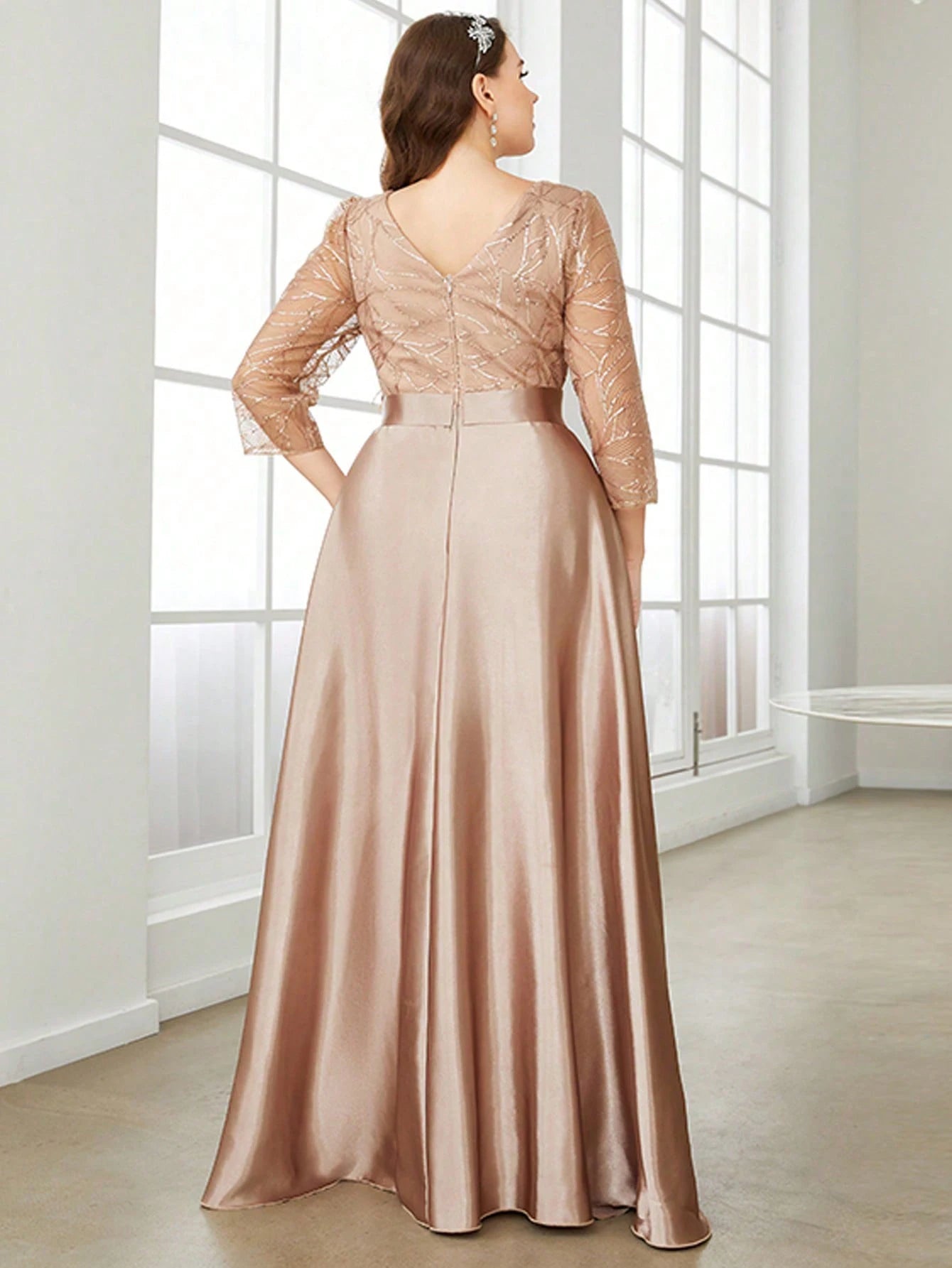 Long Sleeve Sequin Satin Ball Gown Bridesmaid Dress