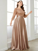 Champagne Long Sleeve Sequin Satin Ball Gown Bridesmaid Dress 2XL