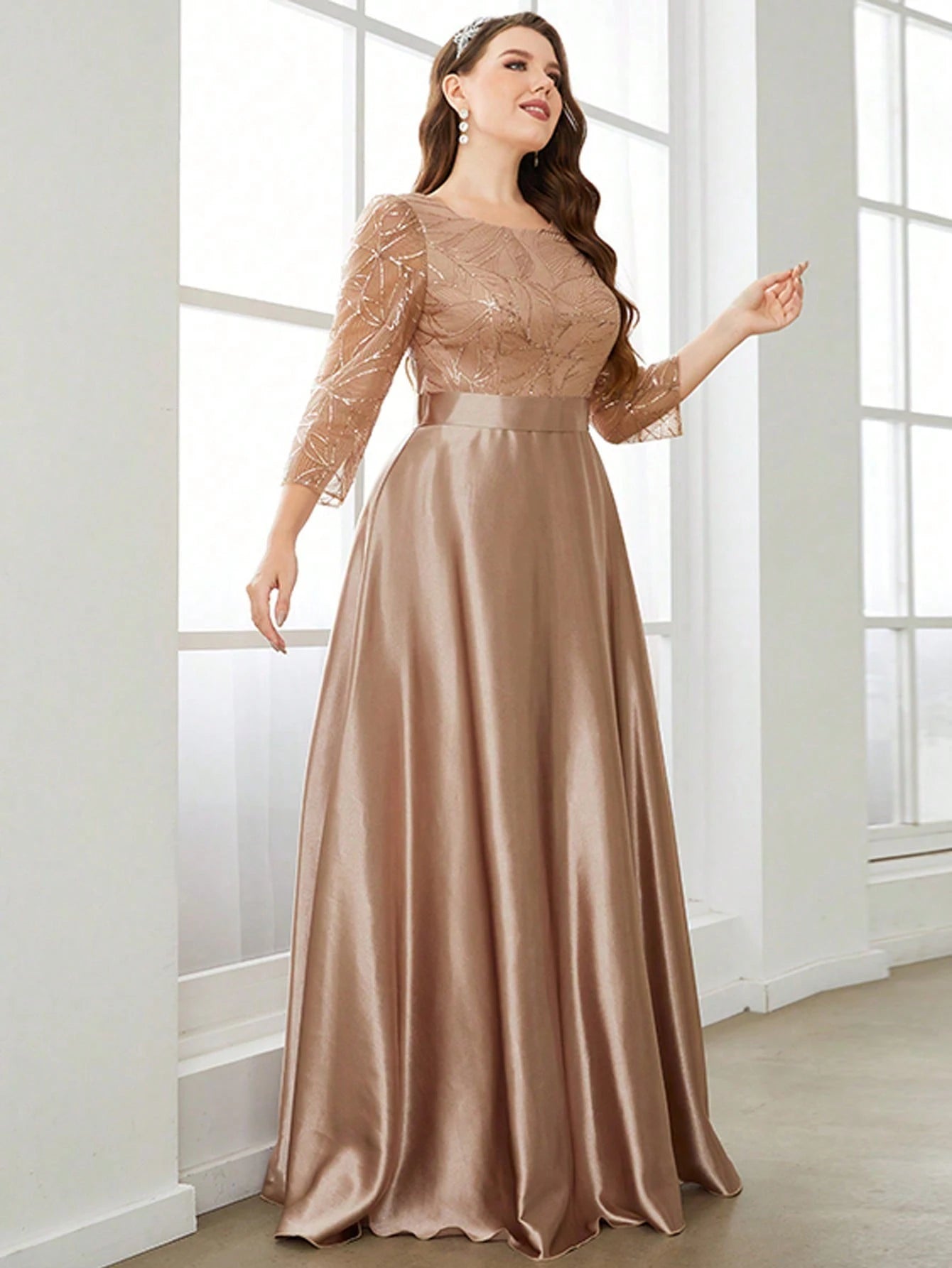 Long Sleeve Sequin Satin Ball Gown Bridesmaid Dress