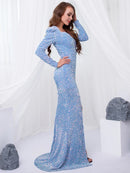 Sky Blue Long Sleeve Stretchy Sequin Party Dress with Front Slit L