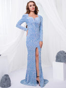 Sky Blue Long Sleeve Stretchy Sequin Party Dress with Front Slit L