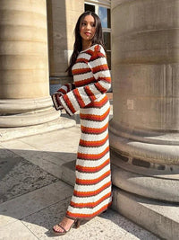 Orange Long Sleeve Stripe Crochet Maxi Knit Dress S