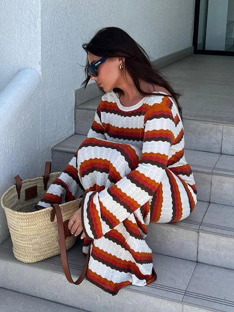 Long Sleeve Stripe Crochet Maxi Knit Dress