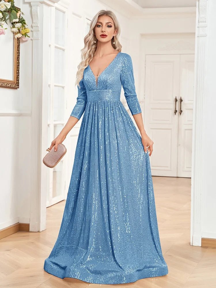 Light Blue Long Sleeve V - Neck Sequin Formal A - Line Gown XXL