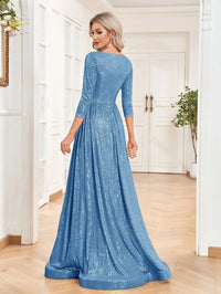 Light Blue Long Sleeve V - Neck Sequin Formal A - Line Gown S