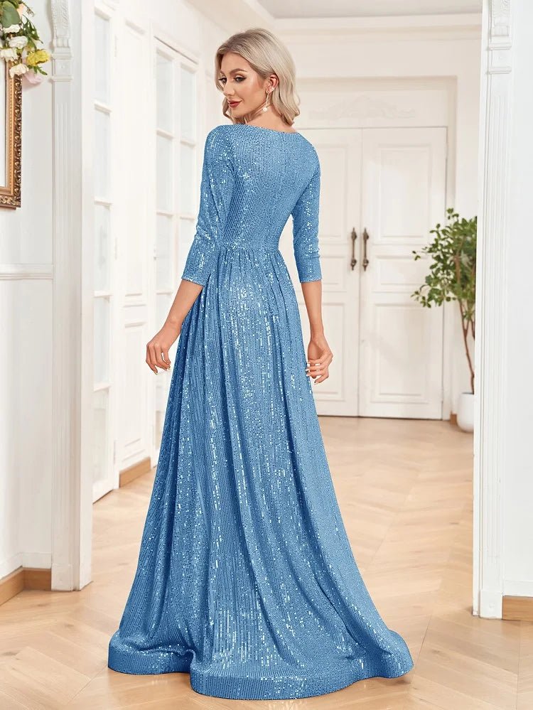 Light Blue Long Sleeve V - Neck Sequin Formal A - Line Gown S