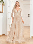 Champagne Long Sleeve V - Neck Sequin Formal A - Line Gown L